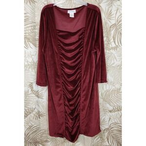 The Paragon Woman's Shirred Velvet Dress Burgundy Size 3X Knee Length 3/4 Sleeve